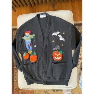 Vintage 90s Belle Pointe Halloween Embroidered Sweater Cardigan Appliqué M/ L